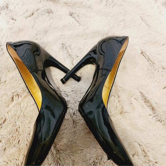 ROGER VIVIER BLACK PATENT LEATHER HEELS WITH GOLD ACCENT HEEL STRIPE SIZE 7 - Picture 8 of 11